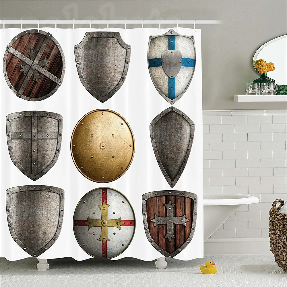 Us 18 5 Medieval Shields Collection Triangle Cross Pattern Ancient Weapon Protection Rustic Design Polyester Bathroom Shower Curtain In Shower
