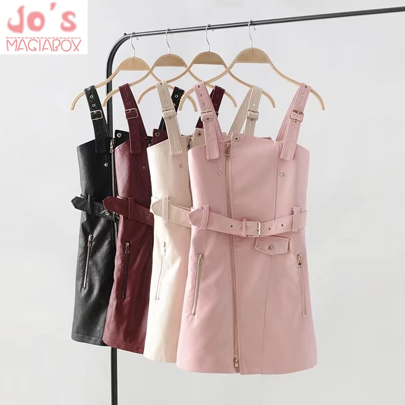 

Women Sexy PU Dress Solid Color Sleeveless High Waist Silm Pencil Dress Belt Black Sexy Ladies Casual Chic Zipper Cool PU Dress