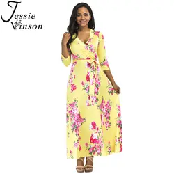 Джесси Винсон модные женские туфли три четверти рукавом и глубоким v-образным вырезом Цветочный принт большие качели Макси платье пляжное