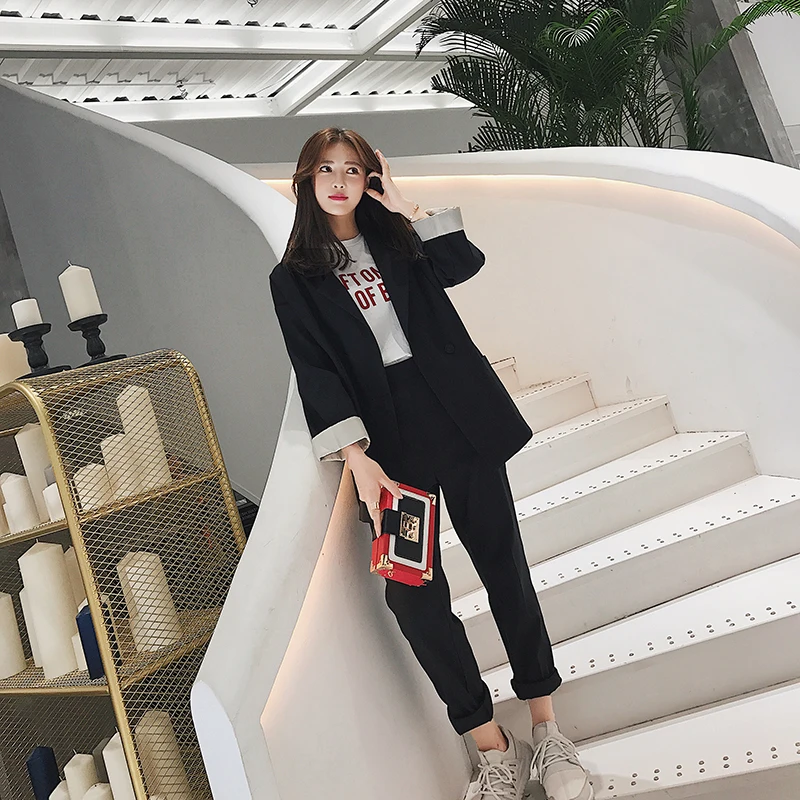 Spring autumn pant Suits Female 2 pieces set Casual Long blazer Jacket Loose Korean of office women clothes coat two pieces suit
