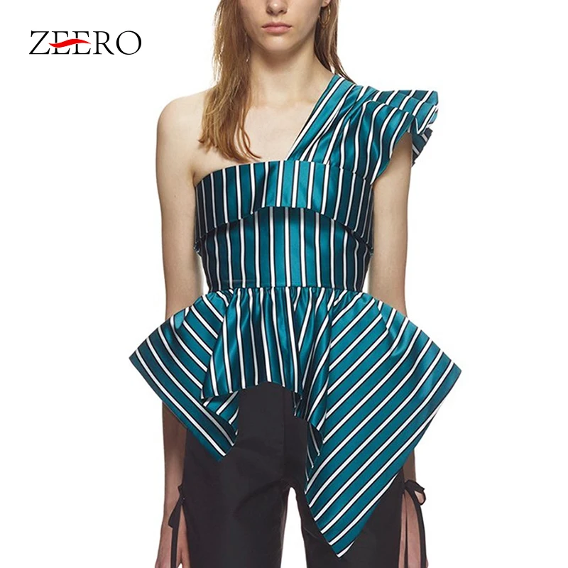 High-end Custom Striped Irregular Shirt Off Shoulder Ruffles Backless Tunic Zipper Blouse Female 2019 Summer Fashion Clothing | Женская