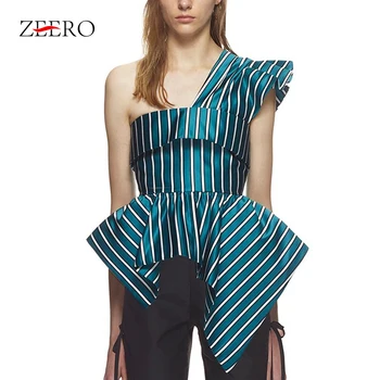 

High-end Custom Striped Irregular Shirt Off Shoulder Ruffles Backless Tunic Zipper Blouse Female 2019 Summer Fashion Clothing