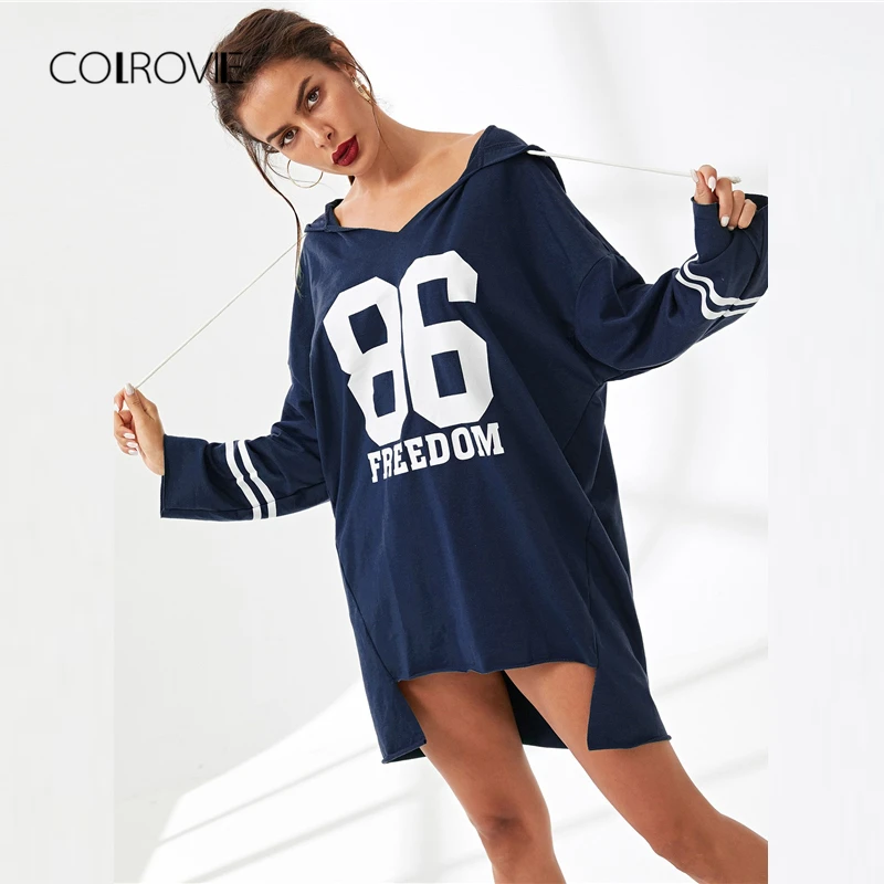 

COLROVIE Navy V Neck Preppy Striped Letter Pullover Hoodie Sweatshirt Women 2018 Autumn Streetwear Hooded Pullovers Sweatshirts