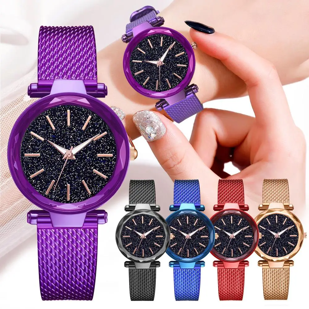

New Women Simple Cool Fashion Without Digital Star Sky Dial Ladie Mesh With Quartz Watch Buckle Stainless Steel Zegarki Damskie