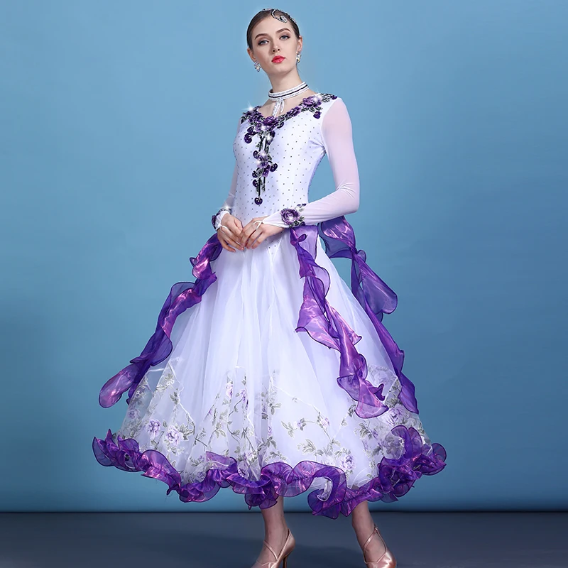 Новые цветочные принты стразы женские бальные танцы Конкурс платья с длинным рукавом сценический вальс современные танцевальные костюмы