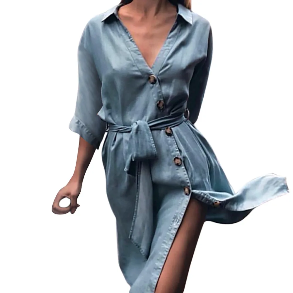 2018 Elegant Dress Sexy V-Neck Middle Sleeve Button Lace-Up Shift Bandage Cowboy Vestido Women | Женская одежда
