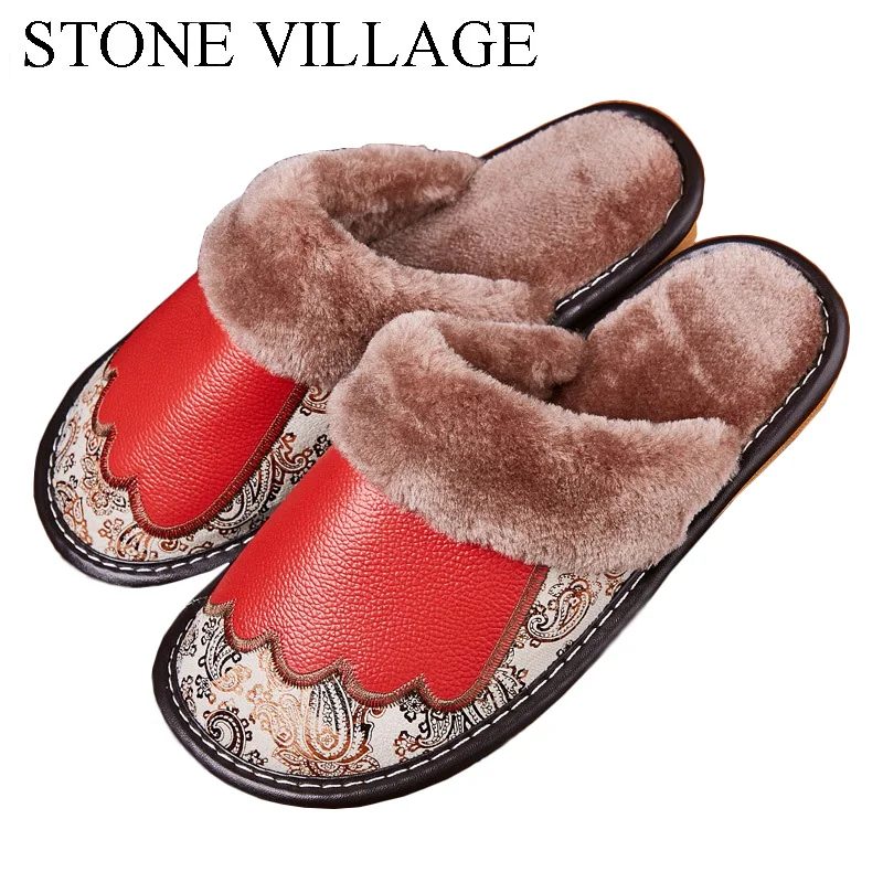 US $10.71 Genuine Leather Slippers Women New Indoor Shoes Home Slippers Soft Bottom Wood Floor Non Slip Warm Plush Cotton Men Slippers