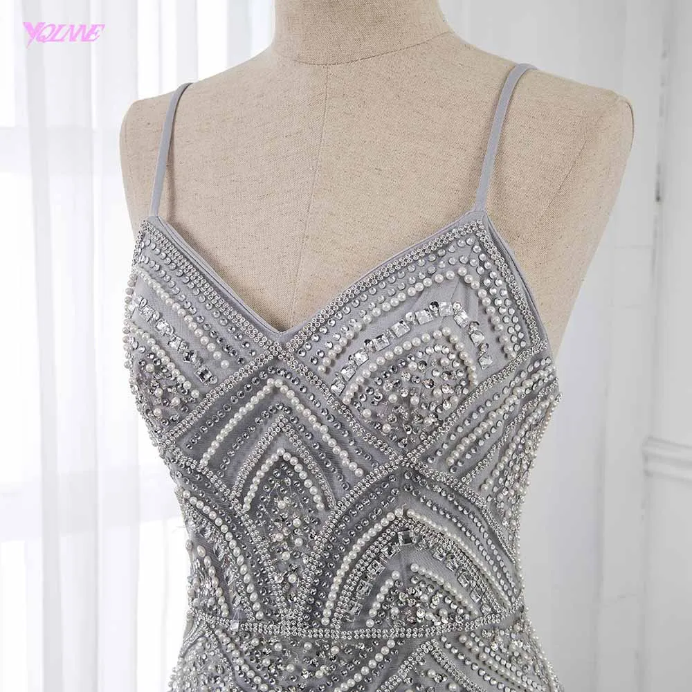 Silver Straps Evening Dresses Long Crystals Beaded Formal Gown Mermaid Zipper Back Robe De Soiree YQLNNE