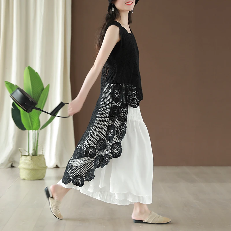 

Cotton hollow vest female summer loose retro solid color irregular tank