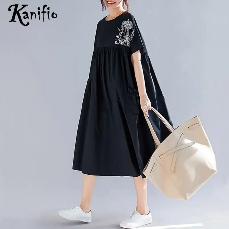 

Kanifio Plus Size Women Embroidery Midi Dress Ladies Casual Loose Short Sleeve Summer Dresses Female Shirt Tunic Vestidios 4XL