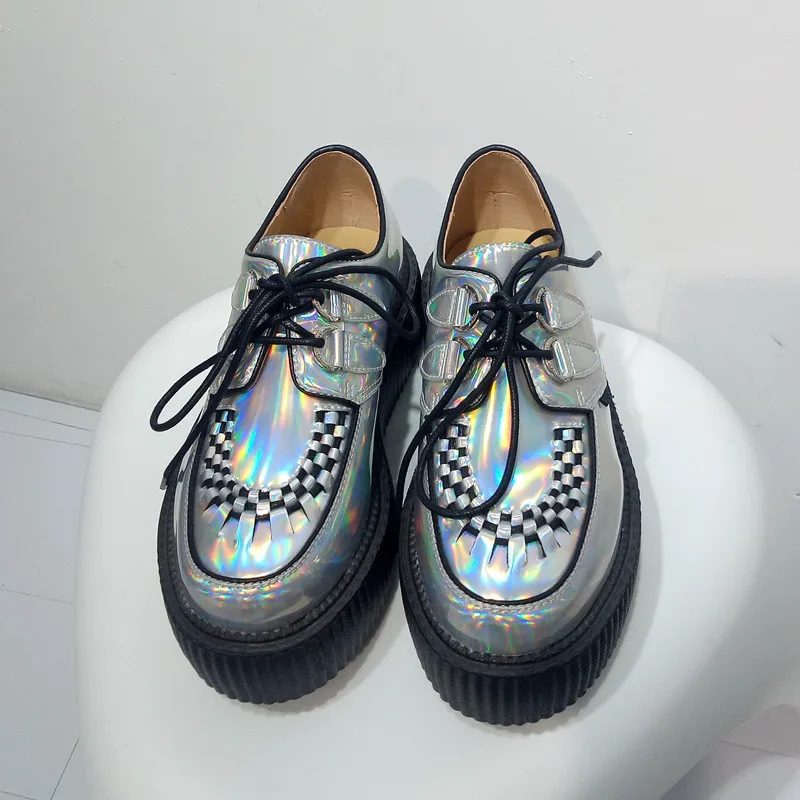 Spring Autumn 2018 Fashion Silver Laser Hologram Women Goth Punk High Platform Flat Creepers Shoes HARAJUKU Creeper Woman Girls  (5)