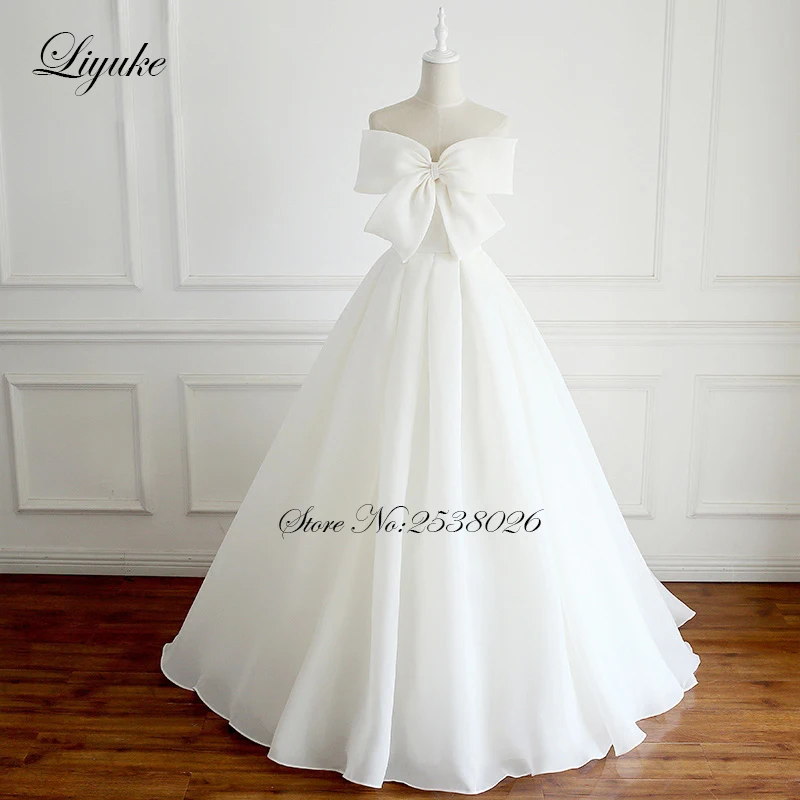 Liyuke/Свадебные платья трапециевидной формы с бантом спереди, без бретелек, на шнуровке, без рукавов, свадебное платье