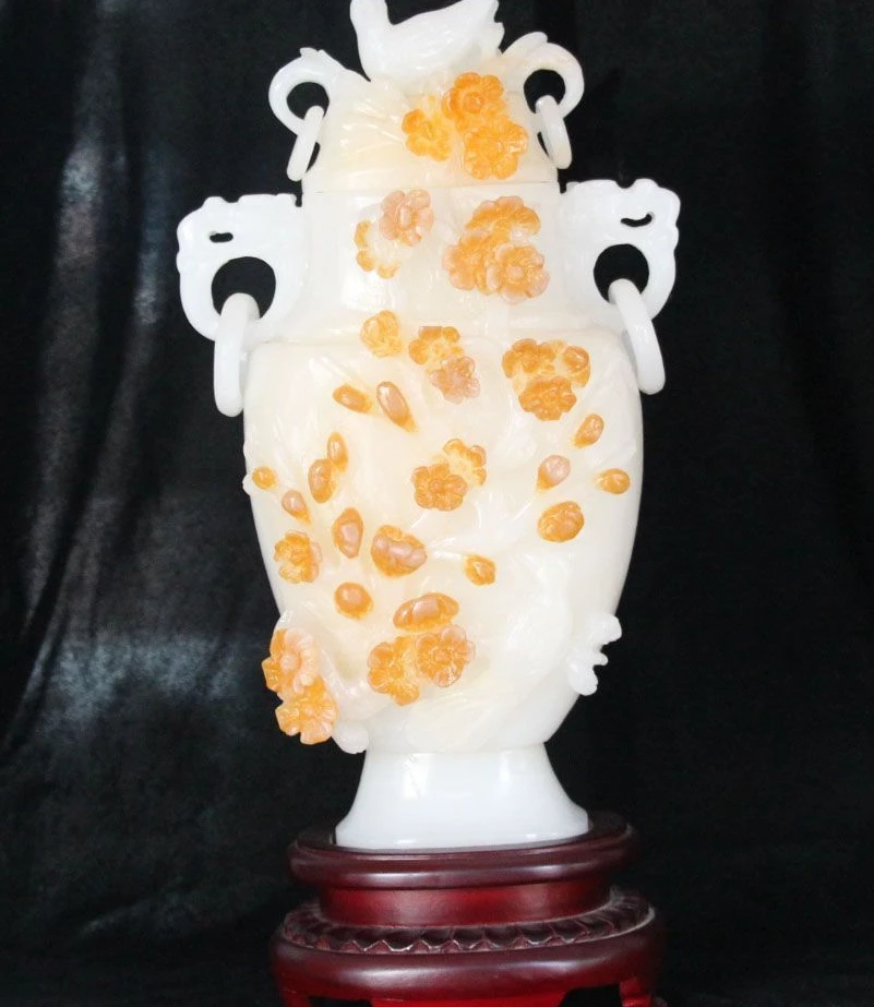 

15" Chinese 100% Natural Jade pied magpie Bird plum blossom Handle Bottle Vase
