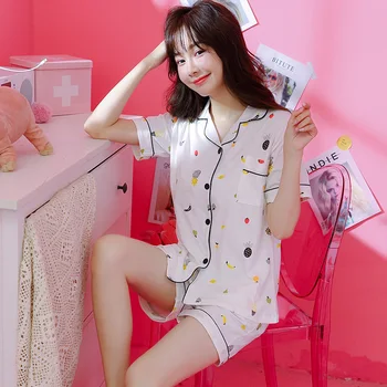 

Summer Women Pajama Set Short Sleeve Female Pure Cotton Sleepwear Casual Lapel Cardigan Patten Print Leisure Pyjamas Set 18005