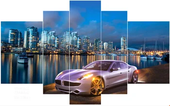 

5 pieces canvas poster print luxury car beautiful nightscapes in the city TMP143 for wall art room decoration home decor