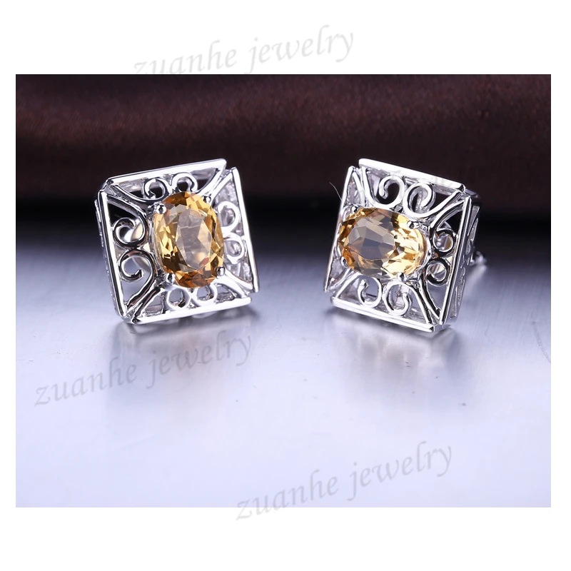 

BAIHE Solid 10k White Gold(AU417) 100% Natural Citrine Filigree Women Gift Stud Earrings Valentine's day gifts Lady Fine Jewelry