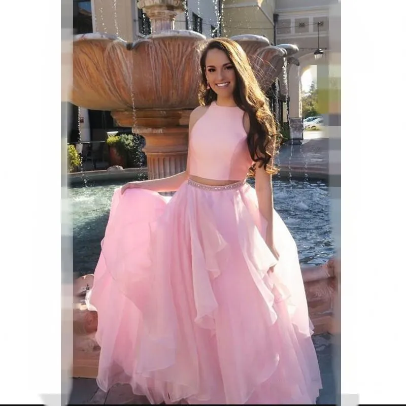 

Long 2 Piece Prom Dresses Party A Line Tulle Ctystal Beaded Sashes Evening Party Prom Dress vestidos de gala Evening Gown