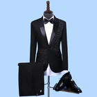 White Black Rhinestones Jacket Pants Men's Slim Suit Set Wedding Host Plus Size Outerwear Male Singer Show Formal Outfit Set