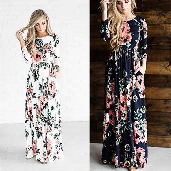 

2018 2018 summer new Europe chic casual fit and flare print three quarter pockets floor-Length regular empire bodycon dress
