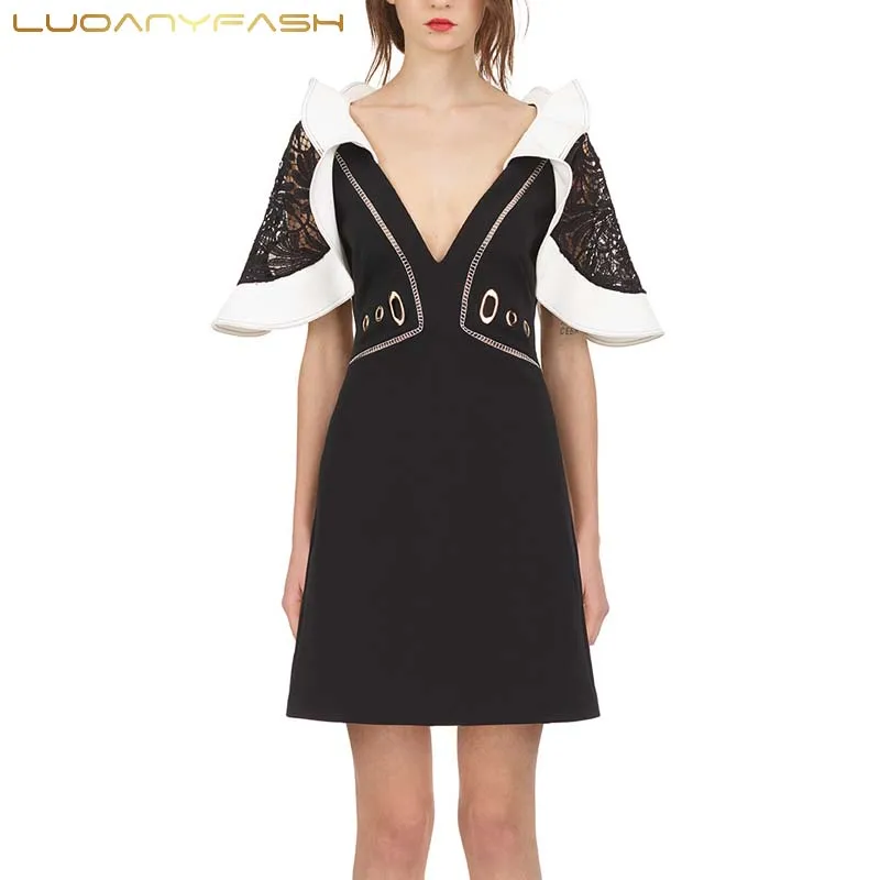 Patchwork V Neck Petal Sleeve Dress with Ruffles