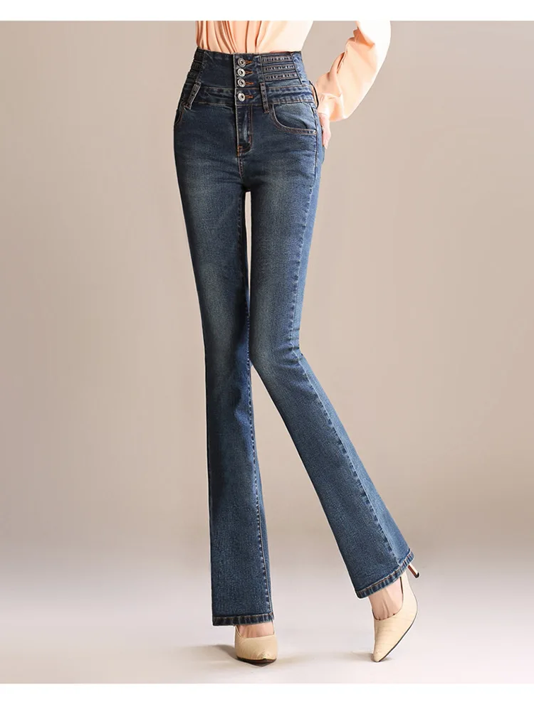 Новое поступление женские Выбеленные деним, джинсы для женщин расклешенные брюки с высокой талией женские узкие повседневные джинсы боты плюс размер