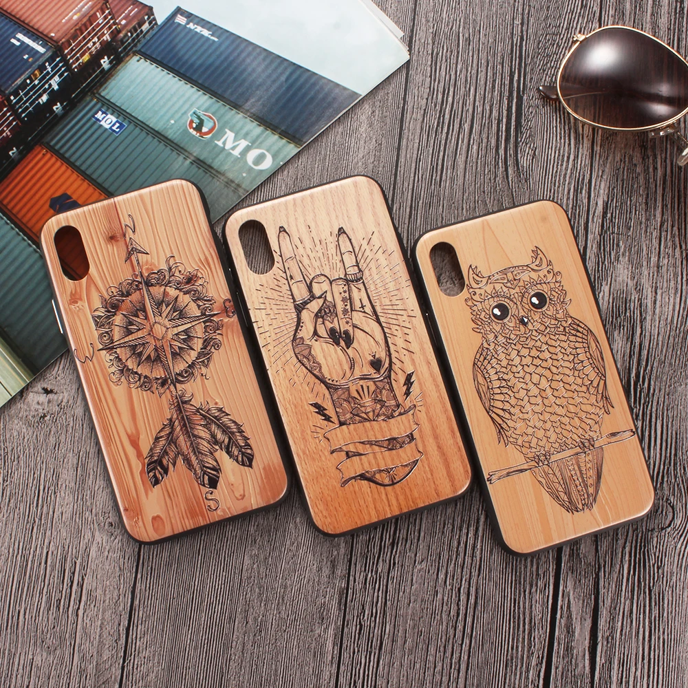 

Vintage Emboss 3D Wood Grain Phone Case For iPhone XS MAX XR X 8 7 Plus 6 6s 6 Plus Case Owl Superman Back Cover Fundas Coque