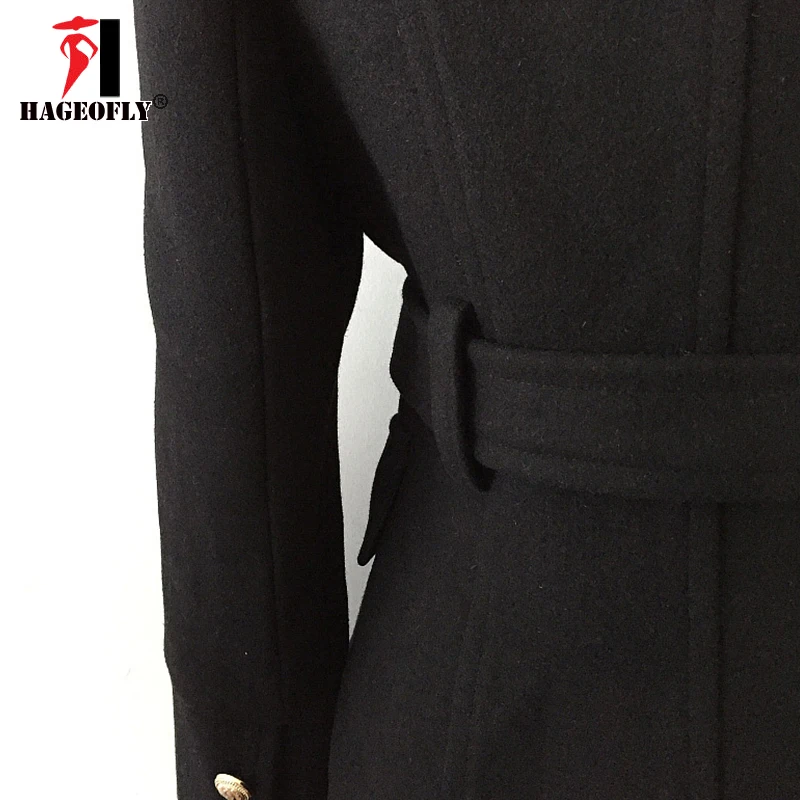 Новое зимнее черное шерстяное пальто дизайнерское женское двубортное пальто с пуговицами льва длинный Британский пояс тонкое пальто