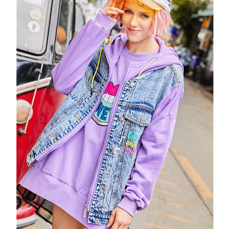 

Female Spring Autumn New Hooded Violet Coat Women Fashion Denim Patchwork Print Jacket Casual Plus Size Loose Overcoat Z1061