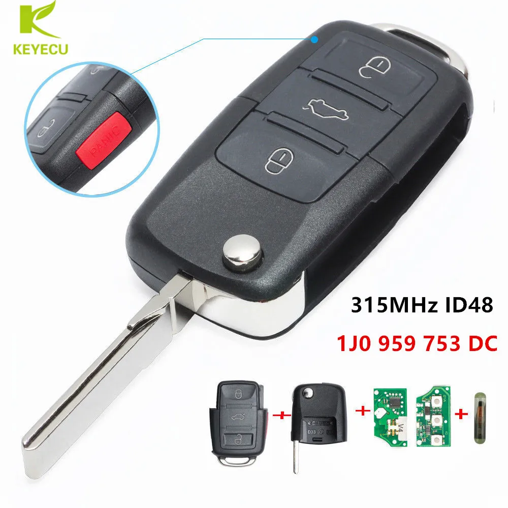 

KEYECU Replacement Flip Remote Key 4 Button 315MHz ID48 for Volkswagen Beetle CC EOS G*TI Golf Passat J*etta Rabbit 1J0959753DC