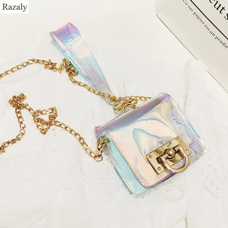 

Razaly brand high quality clear laser plastic not pvc small hand bag candy chain satchels ladies tote transparent jelly handbags