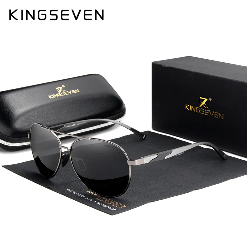 KINGSEVEN, фирменный дизайн, алюминиевые мужские солнцезащитные очки, поляризационные, высокое разрешение, линзы, для вождения, зеркальные, солнцезащитные очки для женщин, Gafas De Sol - Цвет линз: Gun Gray