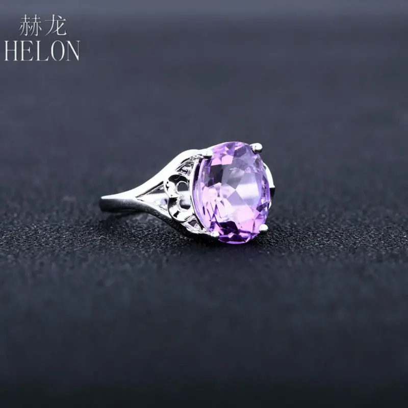

HELON 3.99ct Natural Amethyst 9X12mm Oval Ring Solid 10k White Gold Elegant Fashion Jewelry For Women's Wedding Party Ring