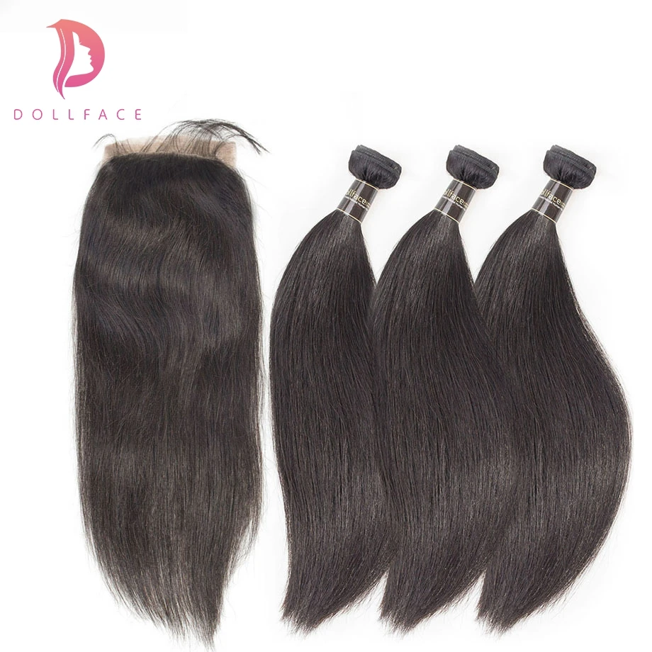 Dollface человеческих волос пучки с закрытием перуанский прямо 3 пучки волос с закрытием Волосы remy расширение Бесплатная доставка