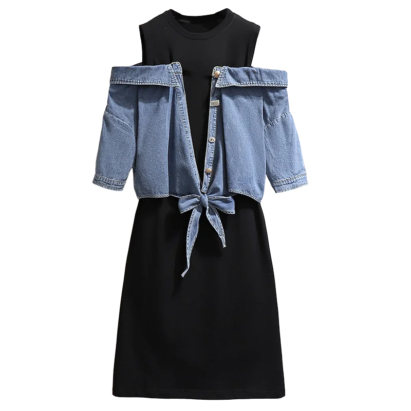 

2019 New Design Women Spring Summer Denim Patchwork Dress Casual Fashion Bandage Shirt Dress Ladies Large Plus Size Vestidos