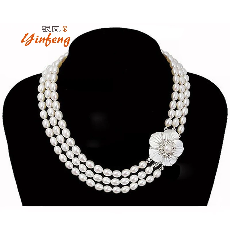 

Luxury style AAA Perfectly Freshwater Pearl Three Necklace Real Rice Pearl necklace Wedding Jewelry Fine Jewelry