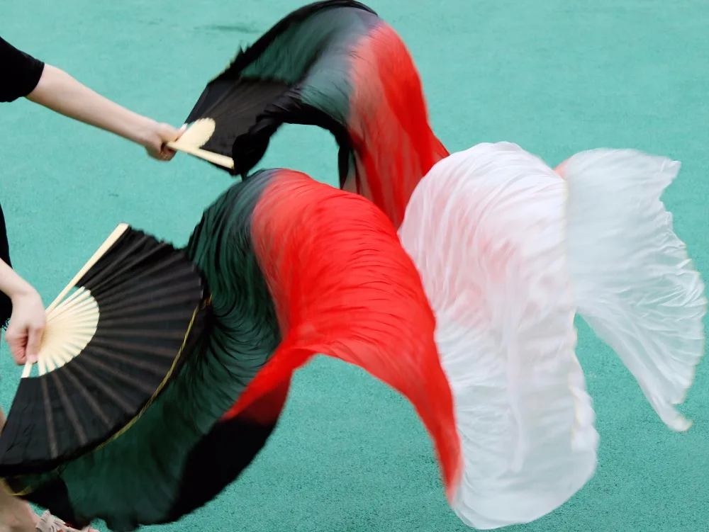 Женская Высококачественная китайская шелковая вуаль для танцев, поклонники танца живота, дешевая горячая распродажа, черный+ красный+ белый