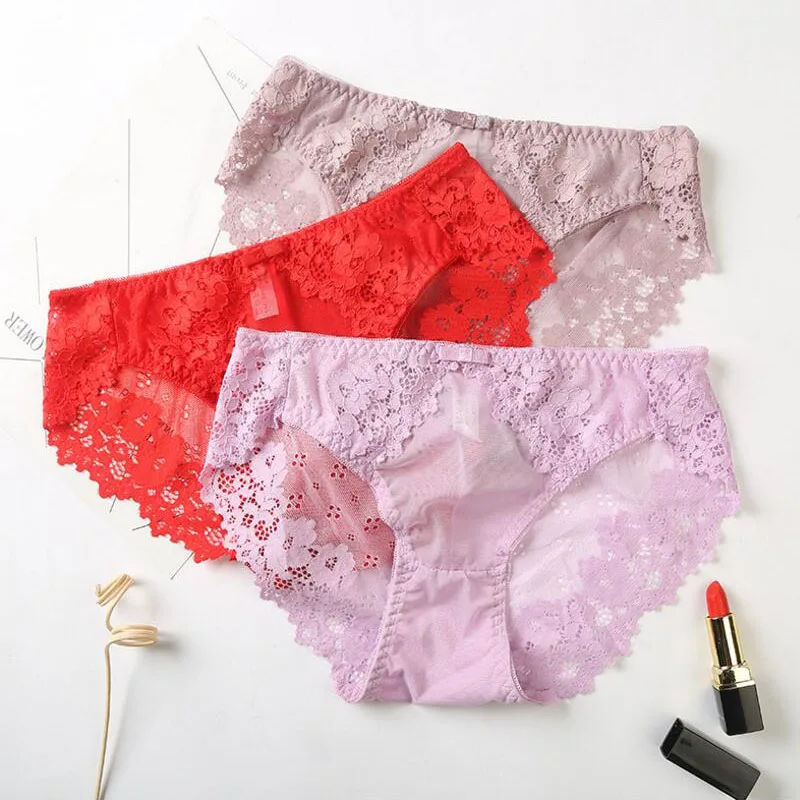 

ZZIYEETTM Women Low Waist Sexy Lace Briefs Ladies Seamless Cotton Breathable Hollow Mesh Underwear