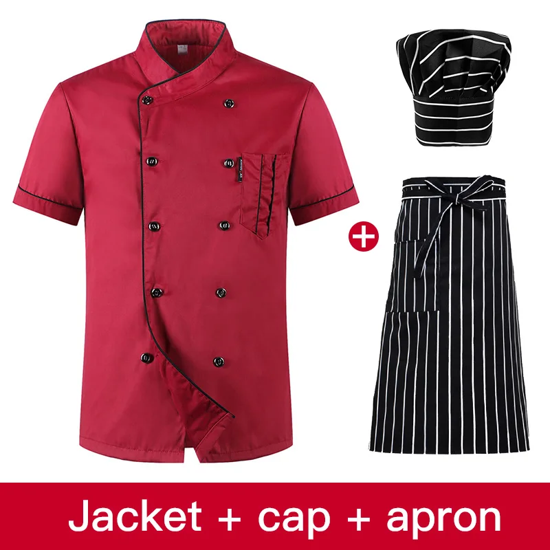 Short Sleeved Restaurant Chef uniforms Hotel Kitchen chef clothes Men and Women uniforms Breathable Jacket+ Hat+ Apron Summer - Цвет: jacket cap apron