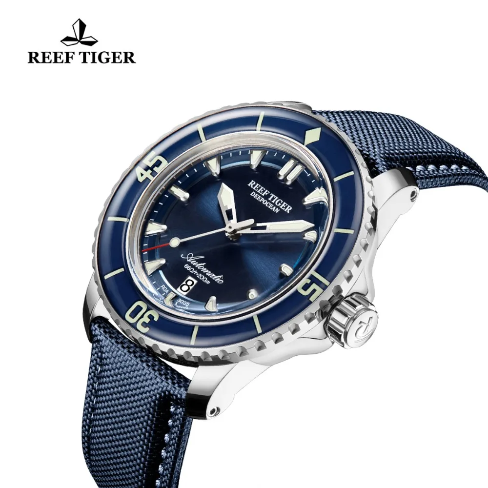 Reef Tiger/RT Super Luminous Dive Watches Mens Blue Dial Analog Automatic Watches Nylon Strap RGA3035