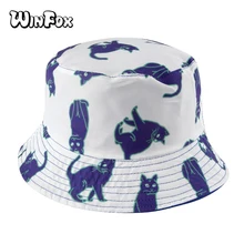 Winfox Новая мода лето Реверсивный Белый Синий Кот печати рыбак ведро шляпы для женщин девушек
