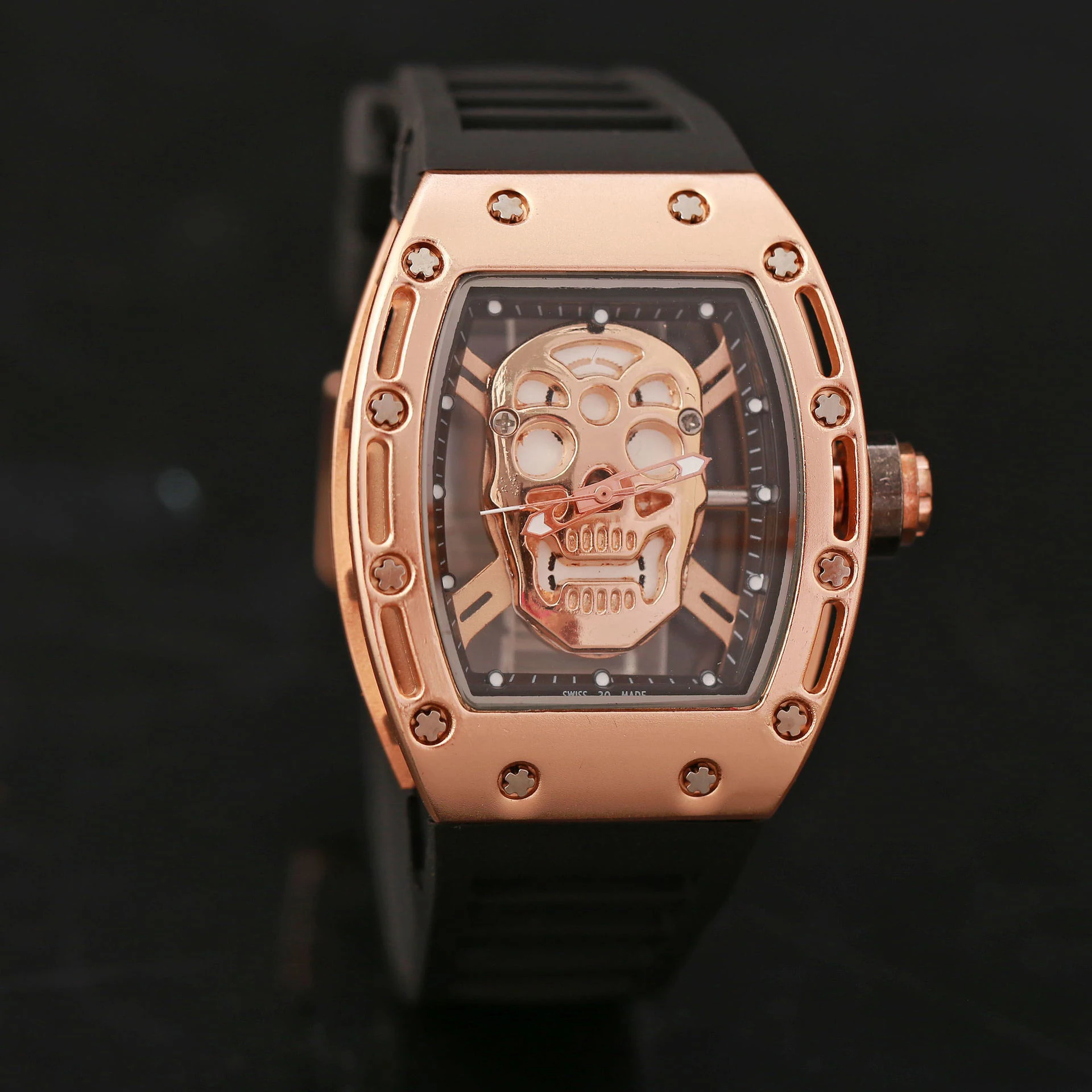 

Luxury New Gent's Hollow Men Women Quartz Watch Transparent Shell Rose Gold Tonneau RM 5201 Black Rubber Skeleton Skull Pirate