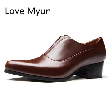 

High Heels Genuine Leather Dress Men Shoes Business Casual Height Increase Shoes Career Man Work Dance Pointed Toe Slip On Shoes