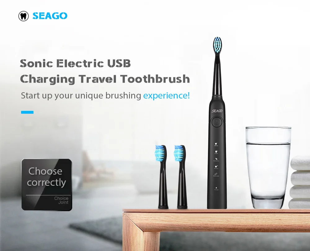 SEAGO SG-949 звуковая электрическая зубная щетка с подзарядкой от USB, забота о здоровых зубах, Смарт 5 режимов чистки, щетка с 3 головками