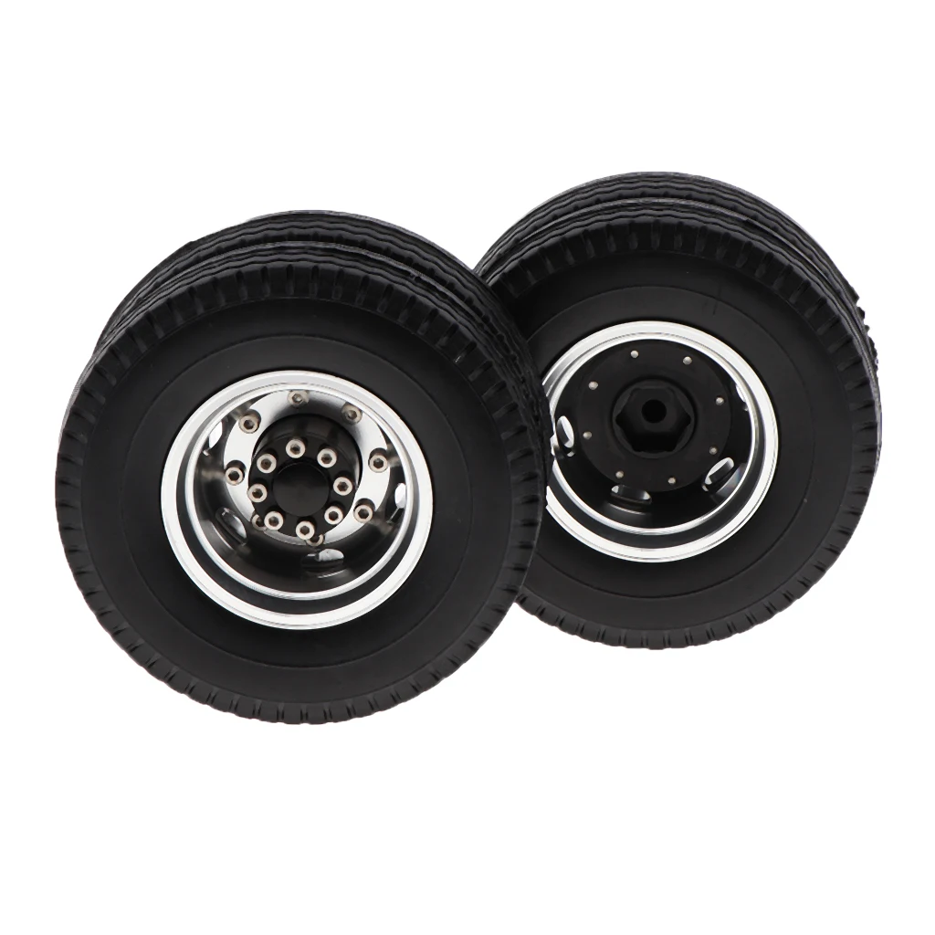 6PCS Machined Alloy Rear Front Hub Wheel Rim Type & Rubber Tire for 1/14 Scale Tractor Trucks RC Vehcile Vehicles Toy Parts