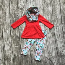 2016 FALL Winter scarf set children cotton suit baby forest animal girls 3pieces red long sleeves
