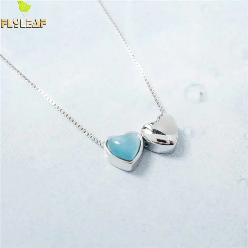 

Flyleaf 100% Sterling Silver Blue Opal Double Heart Necklaces & Pendants For Women Romantic Style High Quality Jewelry