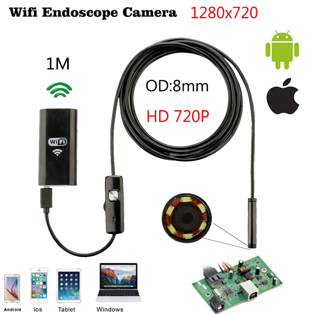 

720P 8mm 1/2/5/3.5M Cable Waterproof HD WIFI Endoscope Inspection Camera Android IOS Mini Wifi Camera Car Inspection Endoscopic