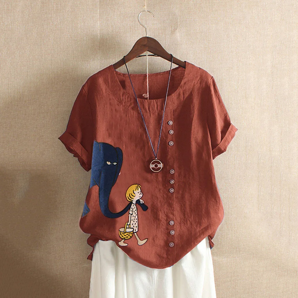 

feitong Blouses Women Loose Vintage 2019 New Plus Size O-Neck Cartoon Print Loose Button Tunic Shirt Blouse Tops рубашка женская