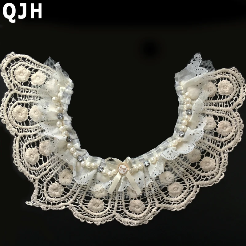 

1piece Vintage beige Cotton Soluble Beaded Lace Collar DIY Sewing Craft Neckline Trimming Decoration Clothing Accessories