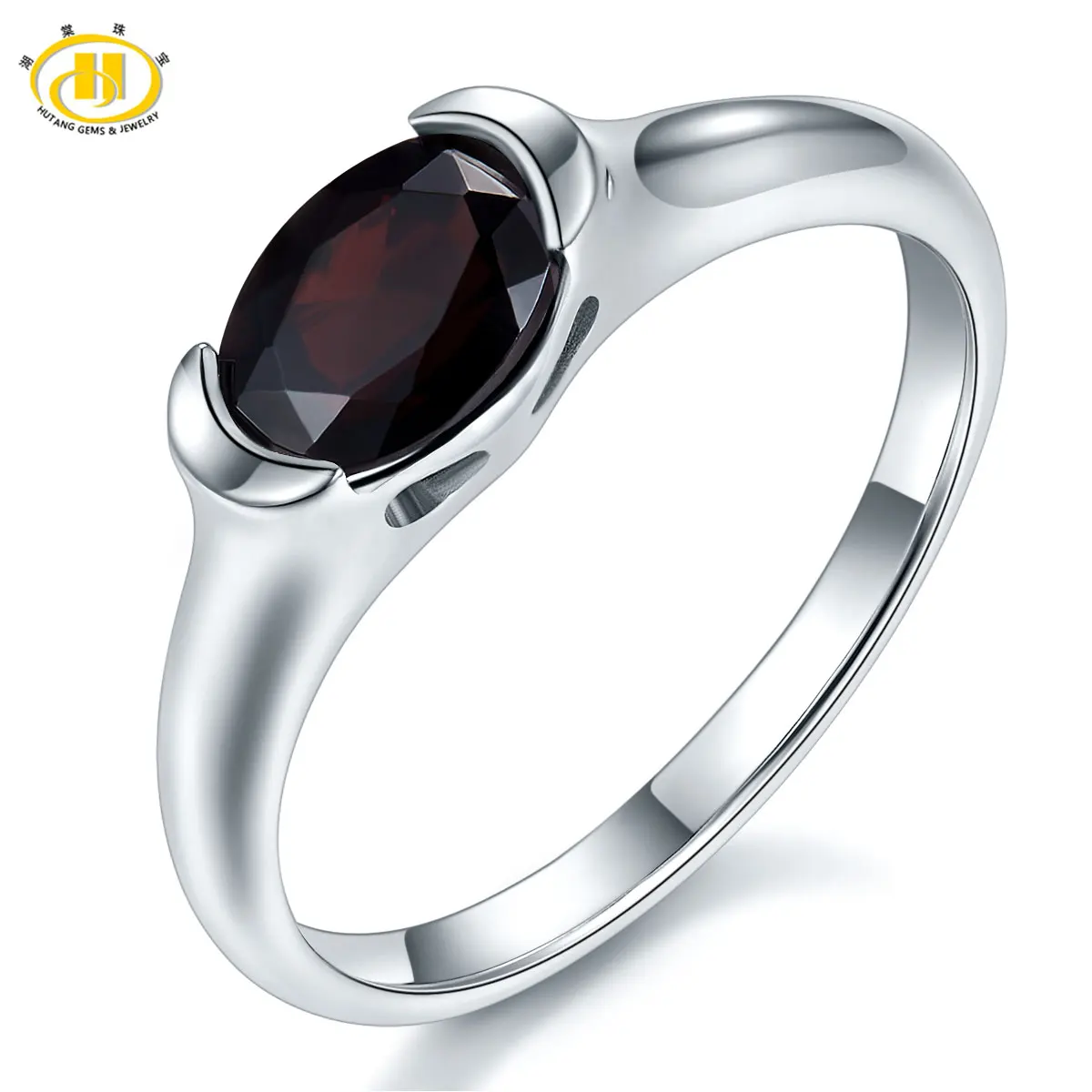 

Hutang 1.4Ct Mystery Black Garnet Solid 925 Sterling Silver Ring Natural Oval Gemstone Womens Fine Jewelry Birthstone Love Ring
